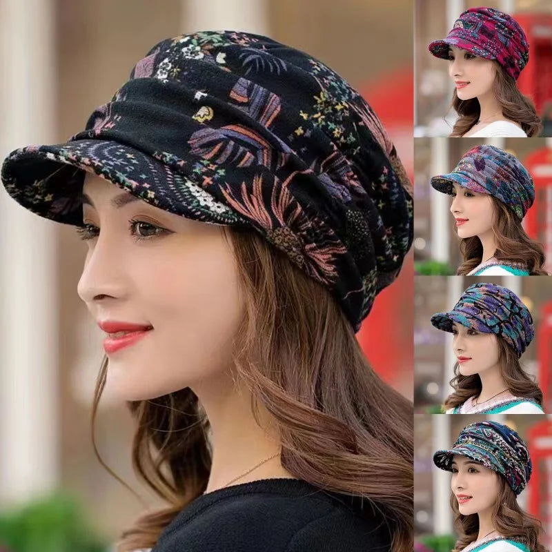 New Autumn Women Peaked Cap Short Brim Warm Foldable Earflap Women Cap Ethnic Style Floral Print Winter Hat Daily Clothing