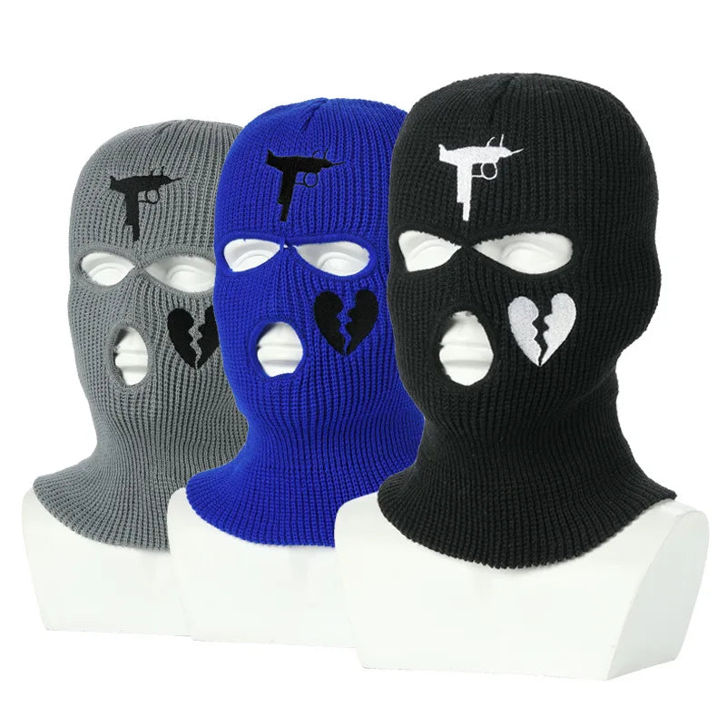 3Holes Winter Warm Unisex Balaclava Mask Hat Embroidery Full Face Mask Knitted Cycling Ski Snowboard Hat Cap Hip Hop Beanie Gift