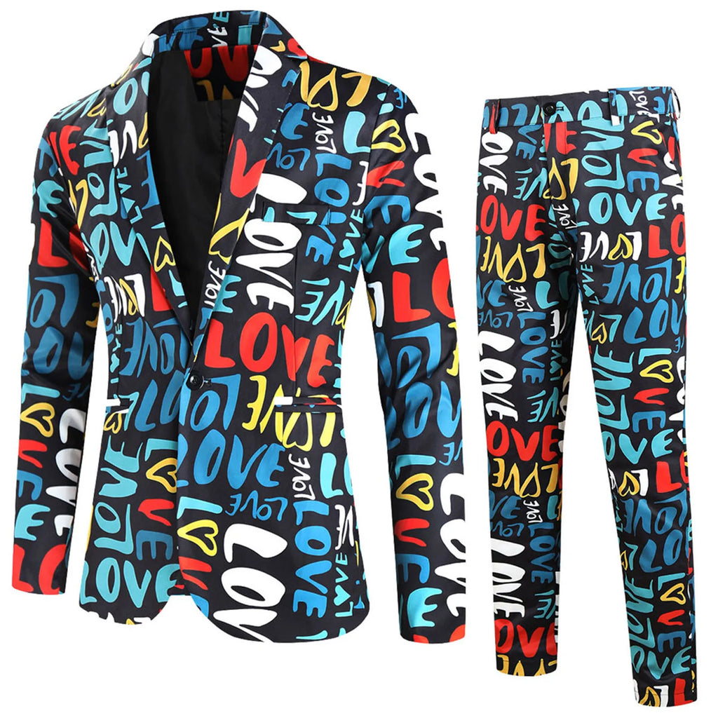 Suit Jacket Mens Two Piece Set Valentine Day Love Printing Dinner Date Suit Jackets Pants Two Piece Suit Male Clothing Hombre