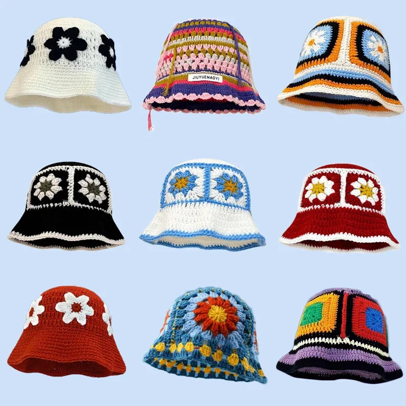 2025 Autumn New Crochet Korean Handmade Bucket Hat Women Weaving Knitted Hat Y2k Fashion Flowers Autumn Winter Beanies Basin Cap