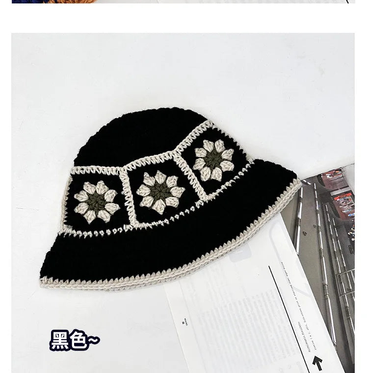 2025 Autumn New Crochet Korean Handmade Bucket Hat Women Weaving Knitted Hat Y2k Fashion Flowers Autumn Winter Beanies Basin Cap
