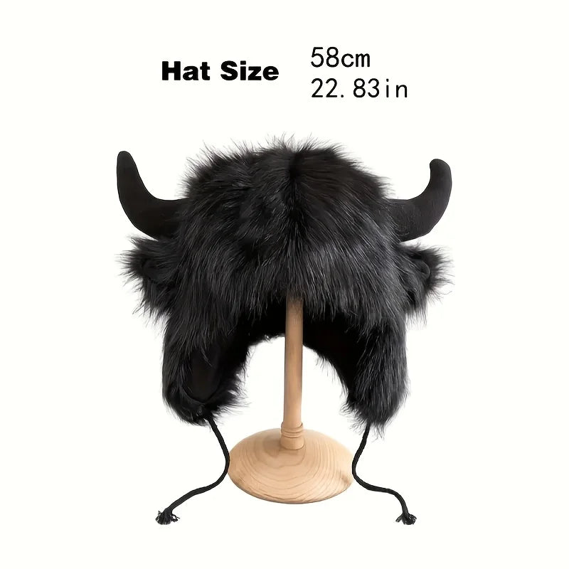 Women's Cow Skull Fisherman Hat with Faux Fur Horns - Winter Warm Ear Protection Beanie, Soft Imitation Mink Material women