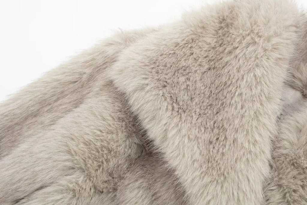 HH Women Fashion Cropped Faux Fur Jacket Coat Long Sleeve Front Snap-button Female Outerwear Chic Lapel Collar Thick Coat