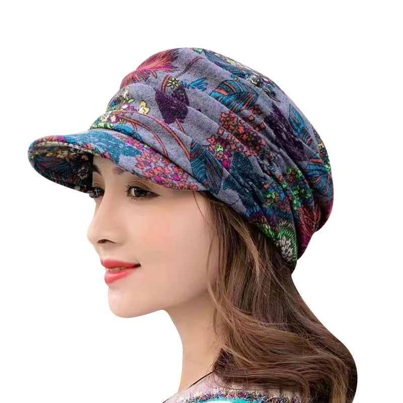 New Autumn Women Peaked Cap Short Brim Warm Foldable Earflap Women Cap Ethnic Style Floral Print Winter Hat Daily Clothing