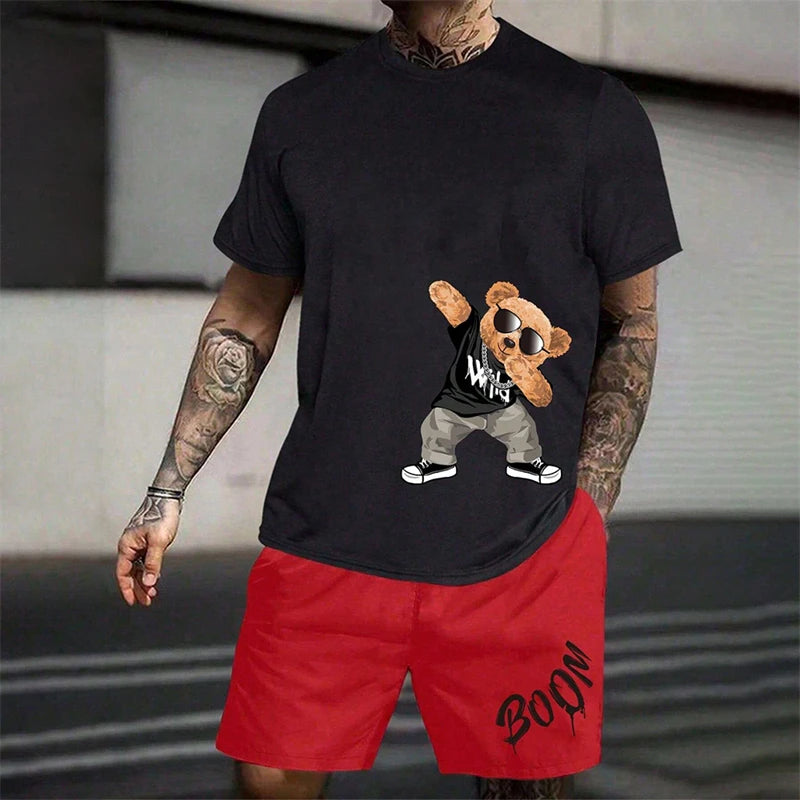 2024 Fun Bear Harajuku T-Shirt Men's Summer Loose Daily Couple Suit Outdoor Street Short Sleeve Shorts Two Piece Men Summer Suit
