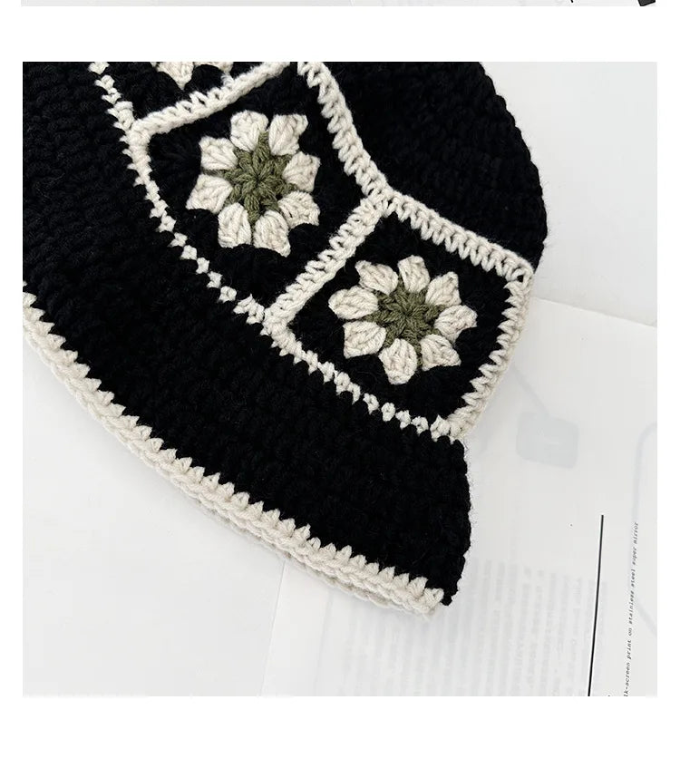 2025 Autumn New Crochet Korean Handmade Bucket Hat Women Weaving Knitted Hat Y2k Fashion Flowers Autumn Winter Beanies Basin Cap