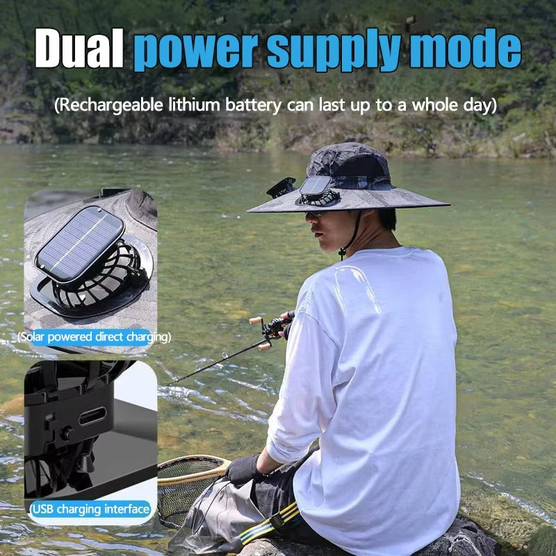 Wide Brim Solar Dual Fan Hat Outdoor Camping Fishing Hat Anti-UV Fan Hat for Men Mountain Climbing Sun Protection Fisherman Hat