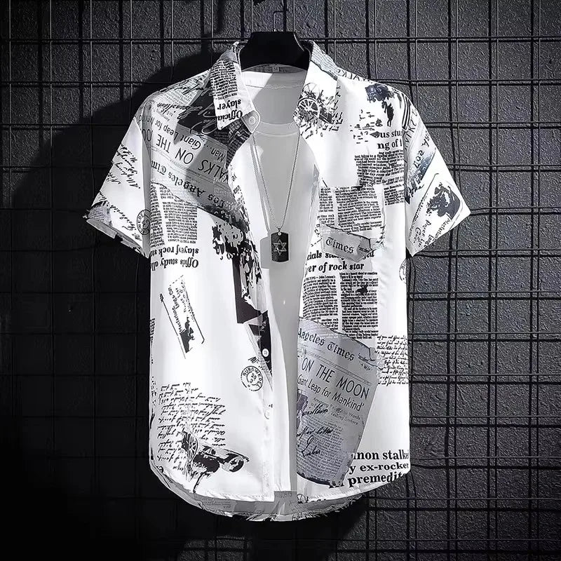 Short sleeved shirt men's thin graffiti print Hong Kong fashion clothing beach floral loose half sleeved shirt