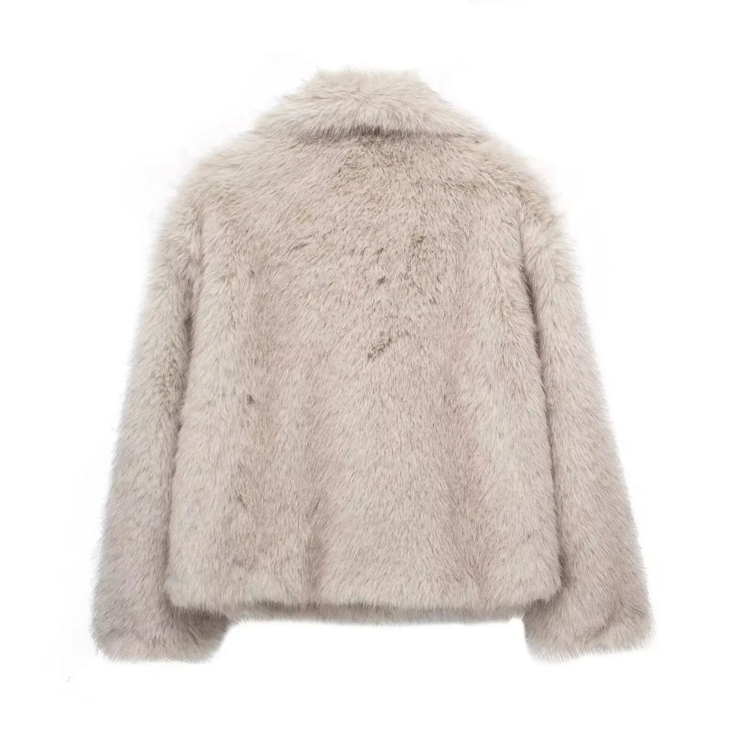 HH Women Fashion Cropped Faux Fur Jacket Coat Long Sleeve Front Snap-button Female Outerwear Chic Lapel Collar Thick Coat