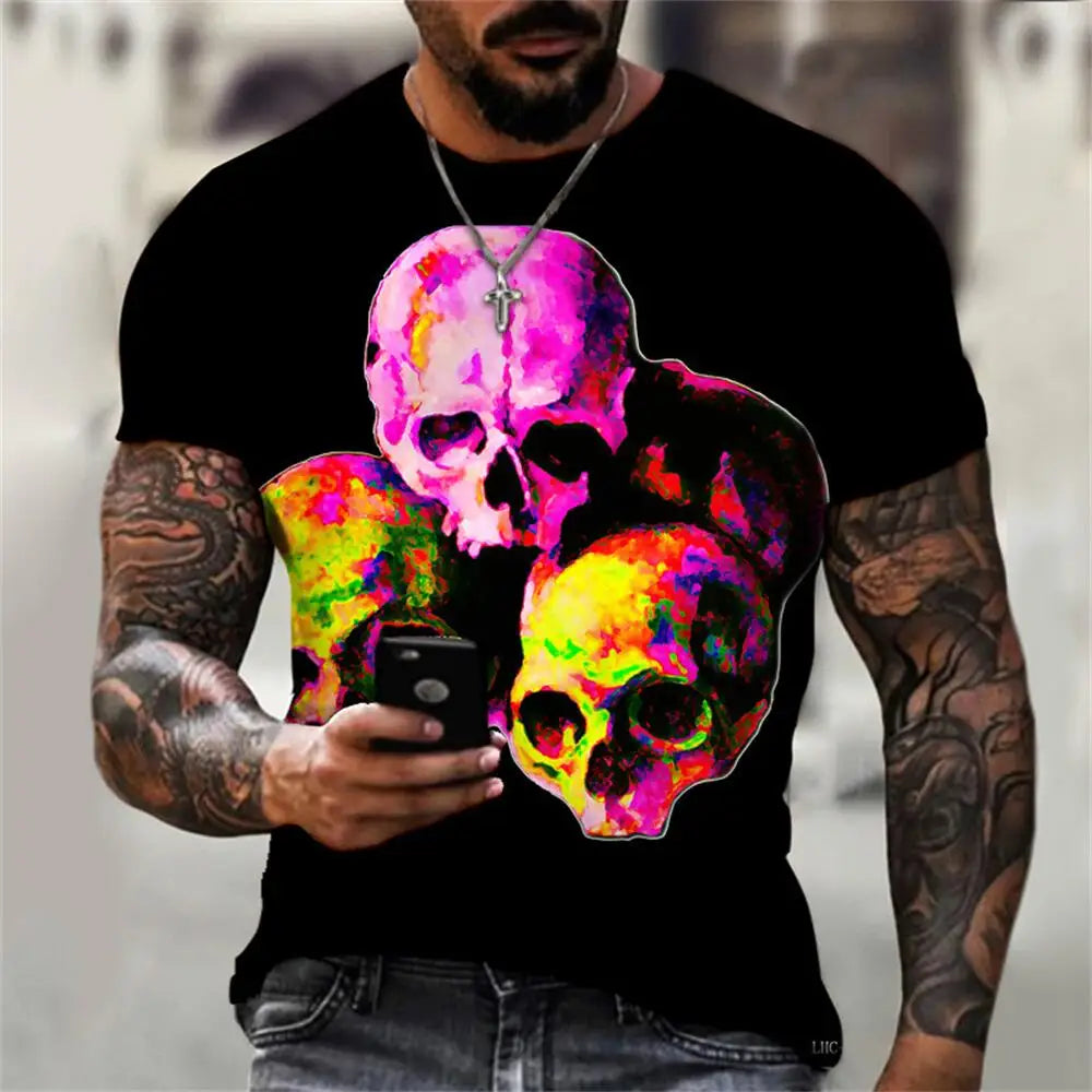 Men's Casual T-Shirt, Gothic Skull Heart Hands Graphic Black Short Sleeve Crew Neck Tee Cool Streetwear Halloween Fashion Top