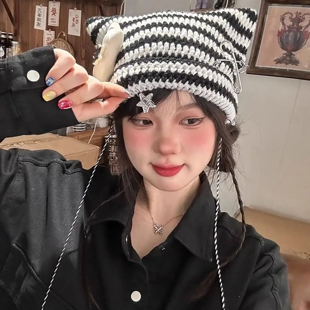 Y2K Beanie Hat Women Ins Devil Ear Striped Knitted Wool Cap Autumn Winter Hip-hop Crochet Cute Cat Ears Pointed Pullover Hats
