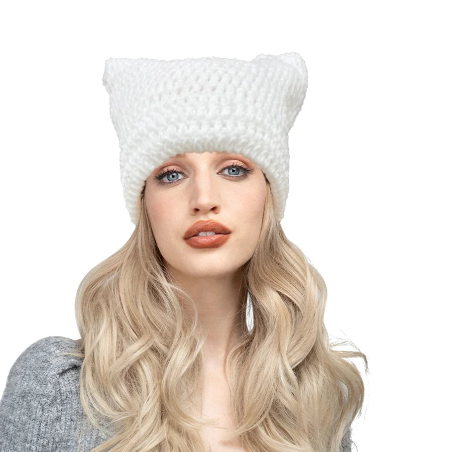 Cute Cat Ears Beanie Hats for Women Winter Striped Korean Punk Gothic Y2K Wool Knitted Streetwear Handmade Crochet Bucket Cap