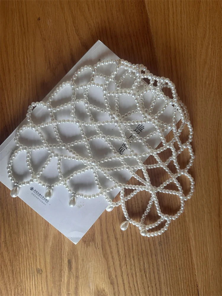2024 new fashion chic women white handmade pearl weave hat