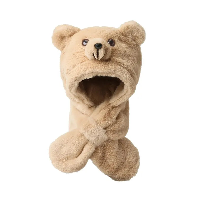 Children's Cartoon Bear Hat Baby Girl Autumn And Winter Korean Version Imitation Rabbit Fur Cute Scarf Integrated Warm Plush Hat