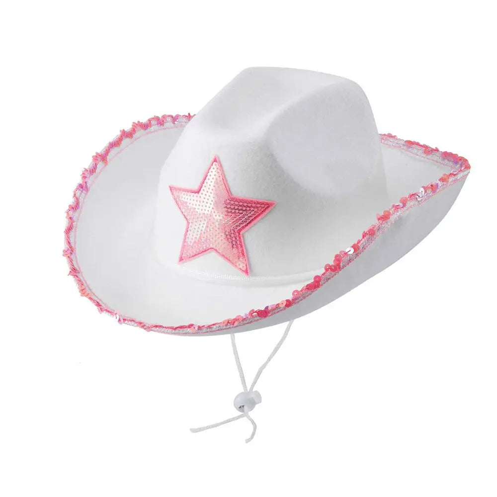 Pink Star White Cowgirl Hat Sequin Trim Fringe Cow Girl Hat Adjustable Cowboy Hat Neck Draw String Costume Party Play Dress-Up