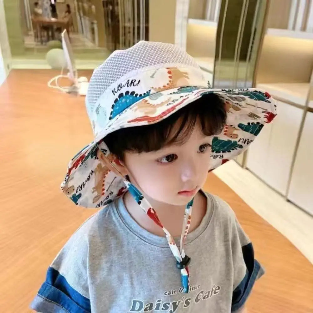 Cartoon Print Baby Sunshade Hat New Mesh Wide Brim Kids Fisherman Hat Breathable Sunshade Hat For Boys Girls