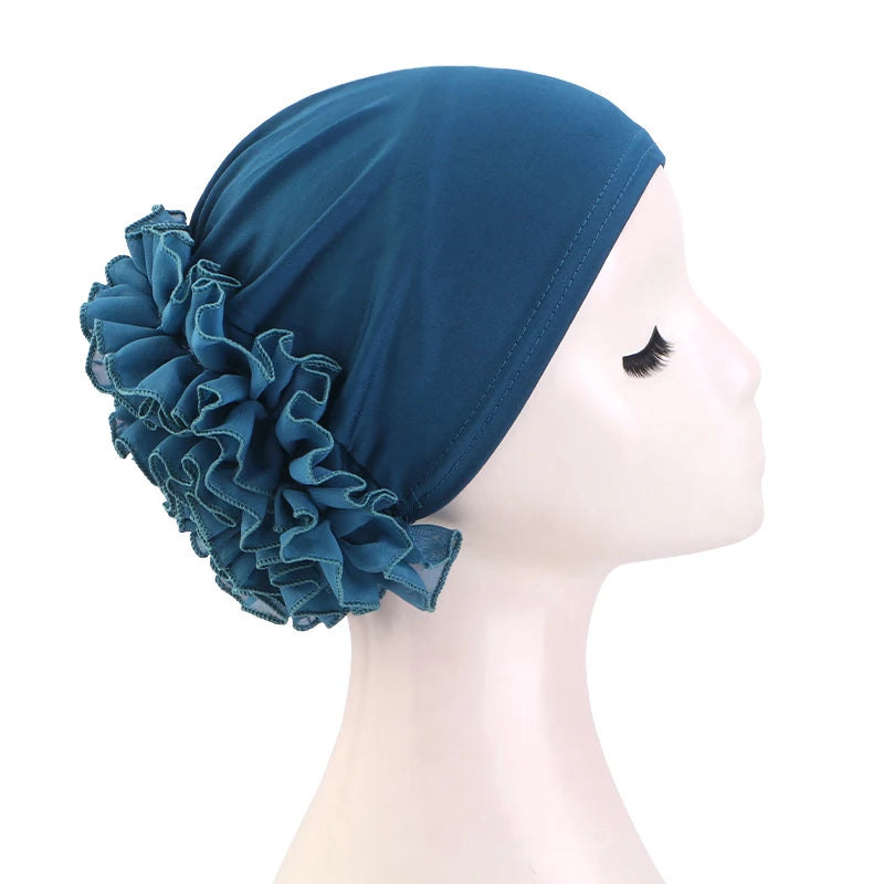 New breathable chiffon hat with large flowers Solid color thin bottom cap Islamic Head Wrap Women's elastic anti hair loss hat