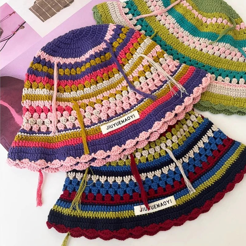 2025 Autumn New Crochet Korean Handmade Bucket Hat Women Weaving Knitted Hat Y2k Fashion Flowers Autumn Winter Beanies Basin Cap