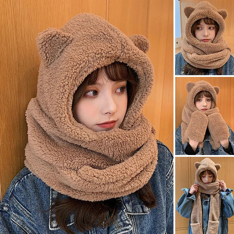 Cute Bear Ear Hat Fashion Winter Warm Comforts Polyester Thickened Plush Hoodie Hat Scarf Gloves Set Girl Kawaii Warm Casual Hat