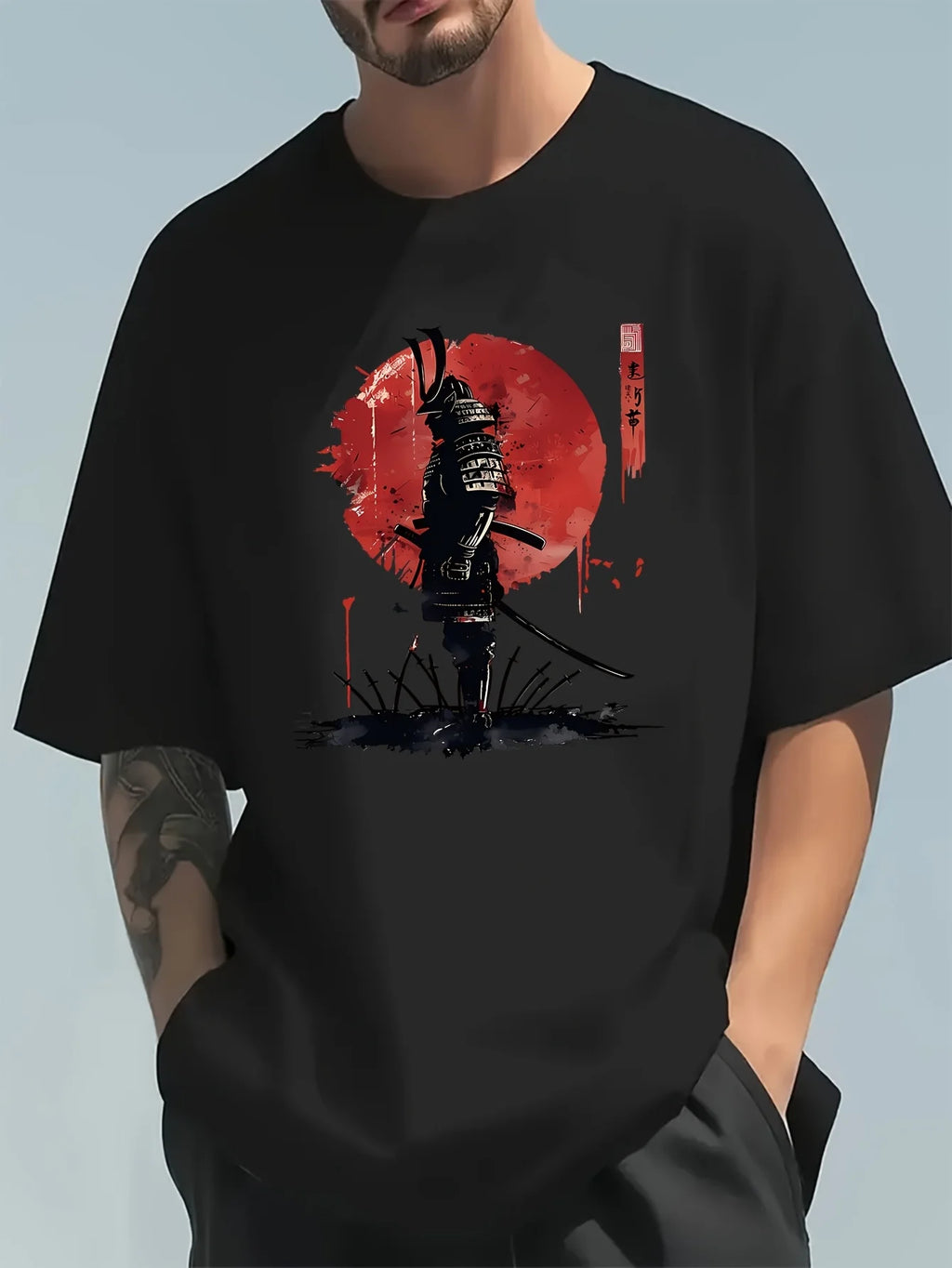 Men's Summer 100 Cotton Fashionable Casual Loose Japanese Samurai Pattern Printed Round Neck Short Sleeve T-shirt Top