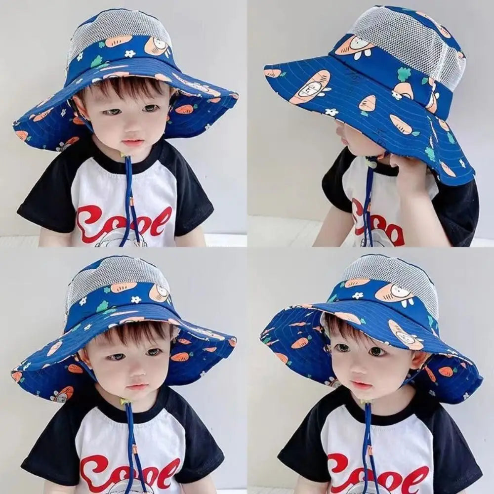 Cartoon Print Baby Sunshade Hat New Mesh Wide Brim Kids Fisherman Hat Breathable Sunshade Hat For Boys Girls