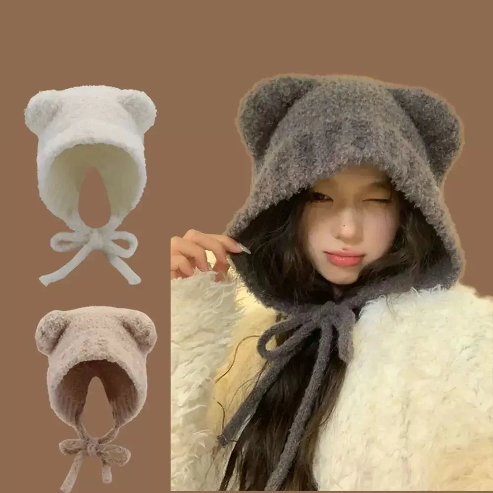 Cute Girl Knit Ear Protection Hat Bear Women Earmuffs Cap Woolen Crochet Bonnet Solid Color Hood Beanies Winter Warm Headgear