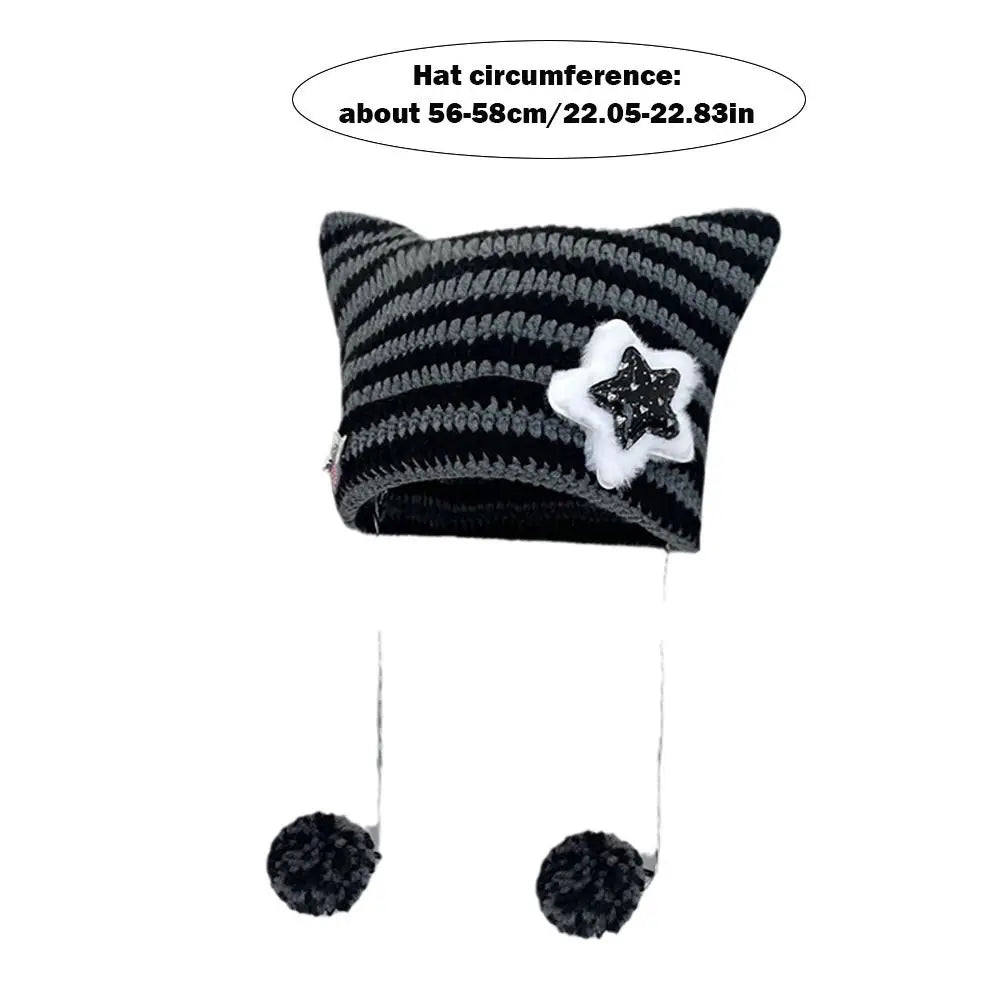Y2K Beanie Hat Women Ins Devil Ear Striped Knitted Wool Cap Autumn Winter Hip-hop Crochet Cute Cat Ears Pointed Pullover Hats