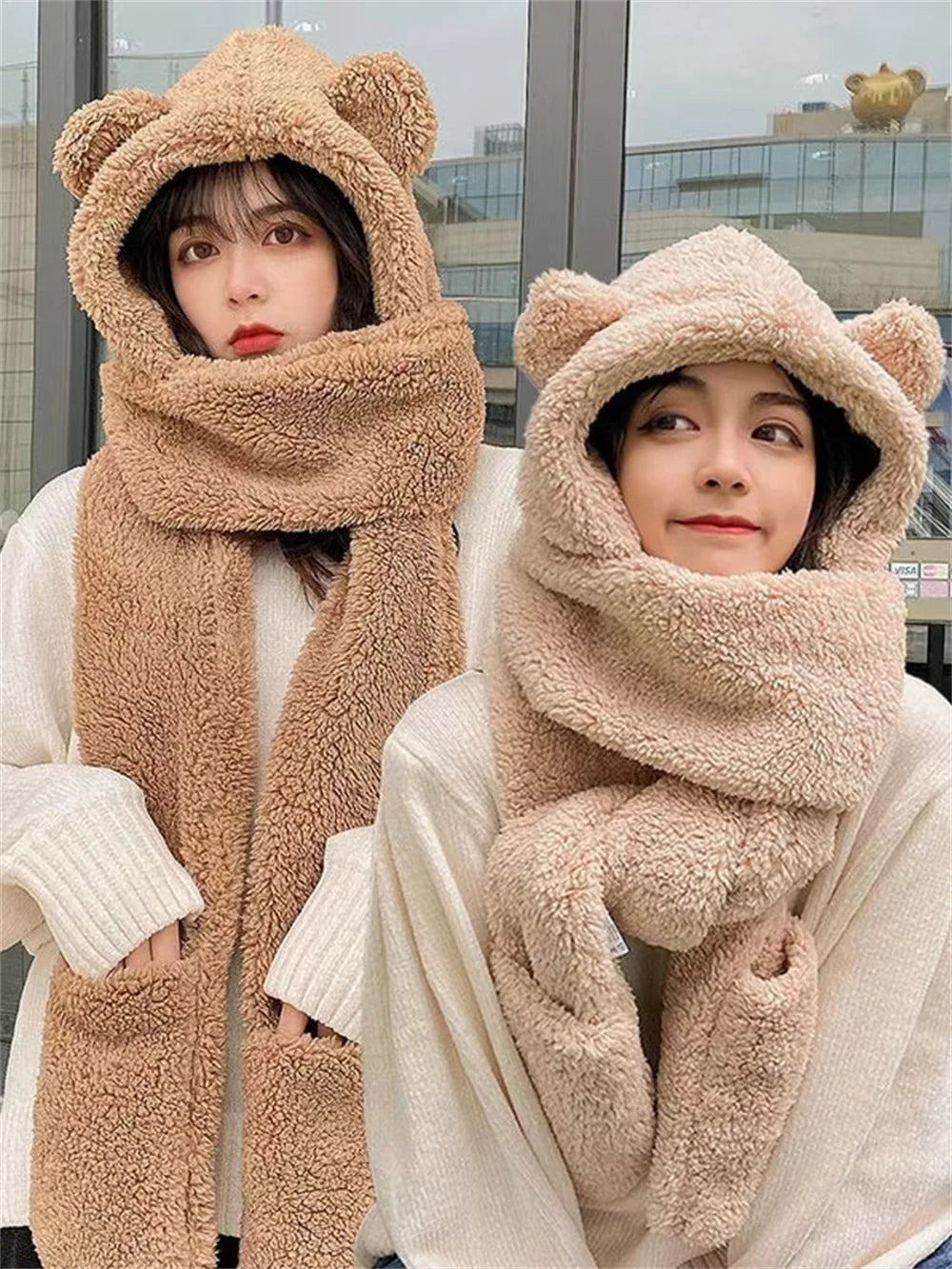 Cute Bear Ear Hat Fashion Winter Warm Comforts Polyester Thickened Plush Hoodie Hat Scarf Gloves Set Girl Kawaii Warm Casual Hat