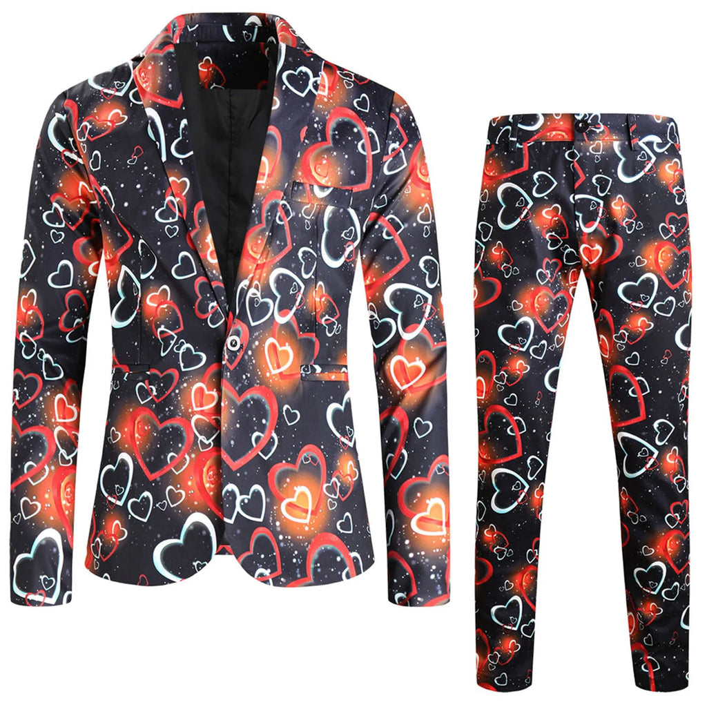 Suit Jacket Mens Two Piece Set Valentine Day Love Printing Dinner Date Suit Jackets Pants Two Piece Suit Male Clothing Hombre