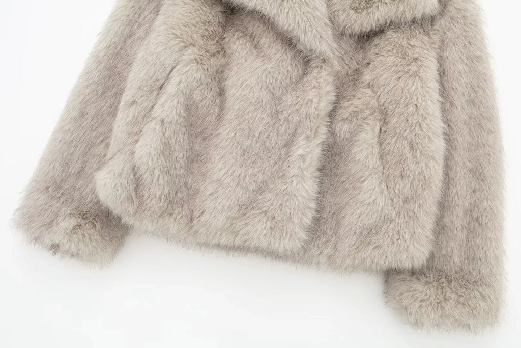 HH Women Fashion Cropped Faux Fur Jacket Coat Long Sleeve Front Snap-button Female Outerwear Chic Lapel Collar Thick Coat