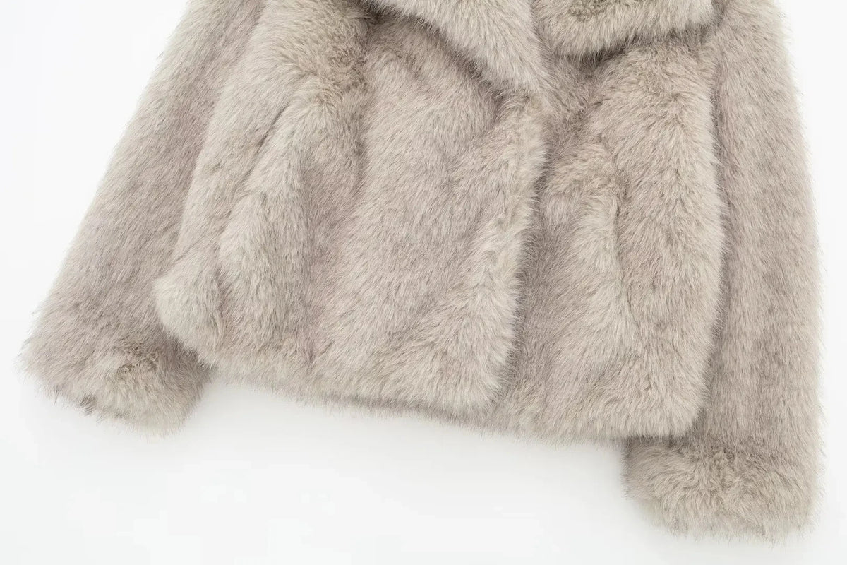 HH Women Fashion Cropped Faux Fur Jacket Coat Long Sleeve Front Snap-button Female Outerwear Chic Lapel Collar Thick Coat