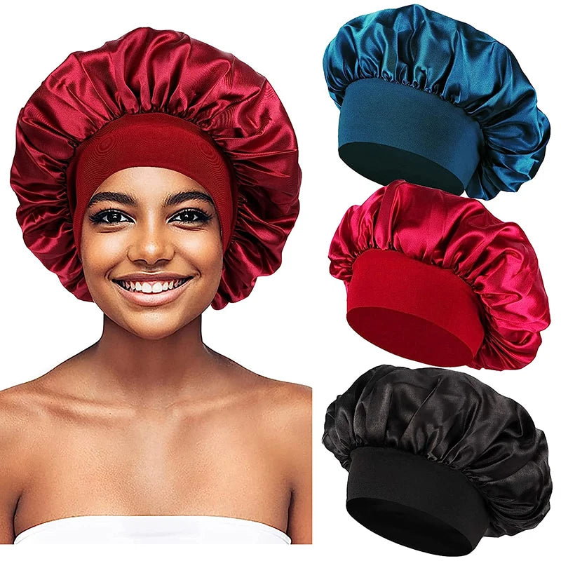 3PCS/LOT Unisex Elastic Band Cap For Brimmed Night Hat Bath Cap Extra Large Satin Silky Bonnet Sleep Hat For Curly Springy