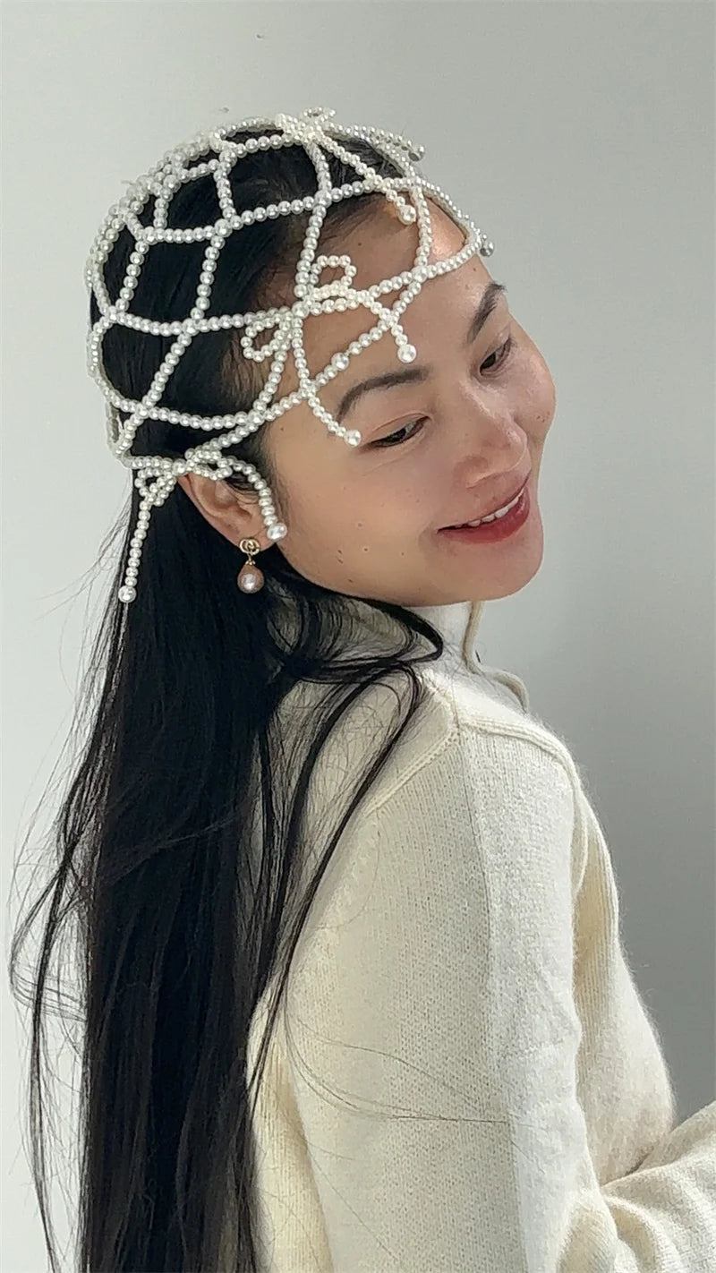 2024 new fashion chic women white handmade pearl weave hat