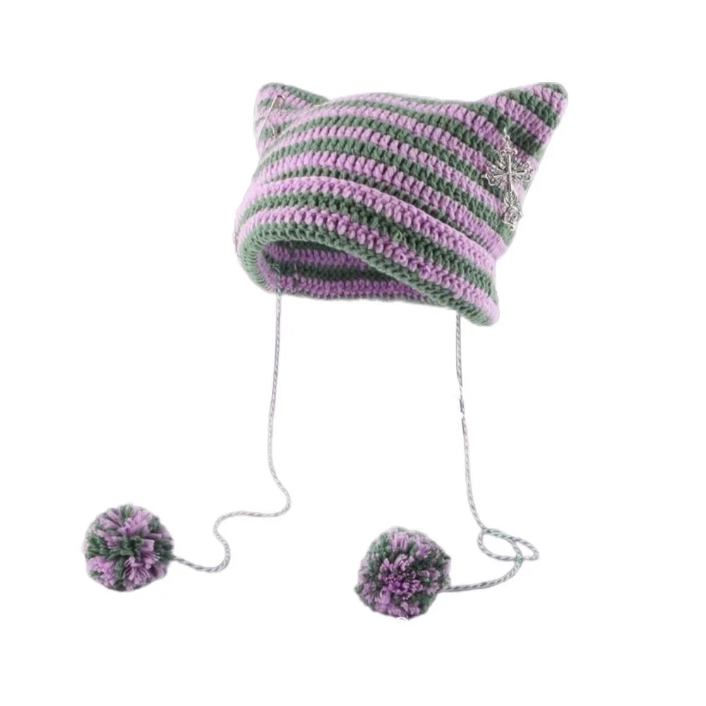 Y2K Beanie Hat Women Ins Devil Ear Striped Knitted Wool Cap Autumn Winter Hip-hop Crochet Cute Cat Ears Pointed Pullover Hats