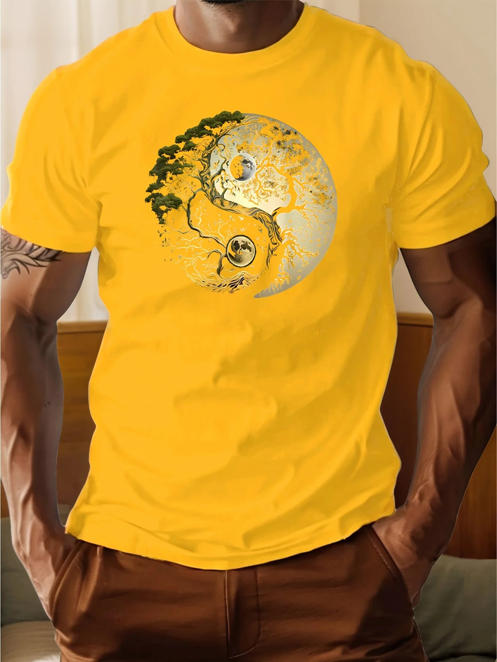 Men's summer 100% pure cotton fashionable casual loose sports yin-yang tree pattern print round neck short sleeved T-shirt top