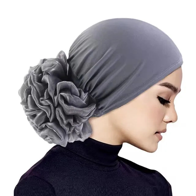 Women's Hijabs Turban Big Flower Elastic Cloth Hair Bands Hat Beanie Ladies Muslim Solid Hair Loss Scarf Cap Hair Accessories