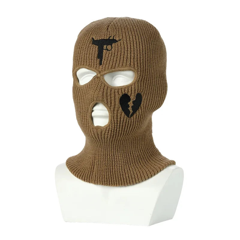 3Holes Winter Warm Unisex Balaclava Mask Hat Embroidery Full Face Mask Knitted Cycling Ski Snowboard Hat Cap Hip Hop Beanie Gift
