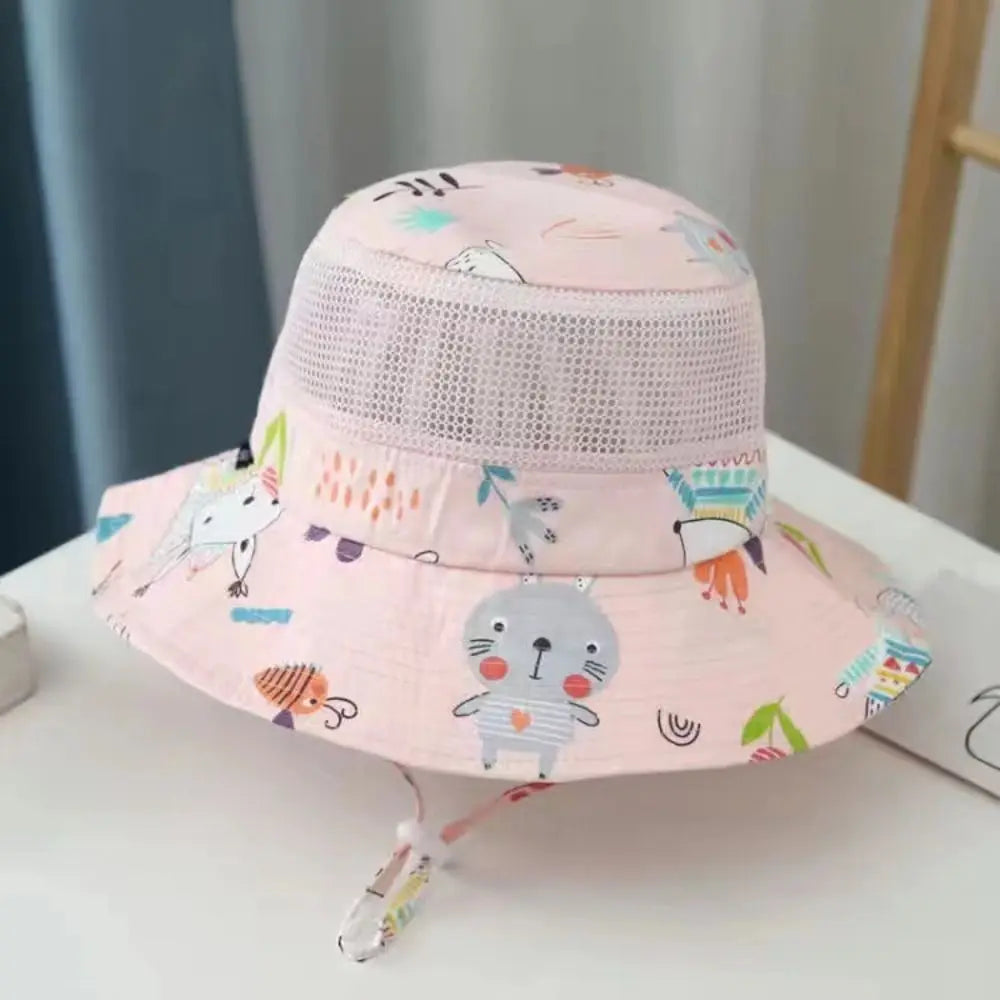 Cartoon Print Baby Sunshade Hat New Mesh Wide Brim Kids Fisherman Hat Breathable Sunshade Hat For Boys Girls