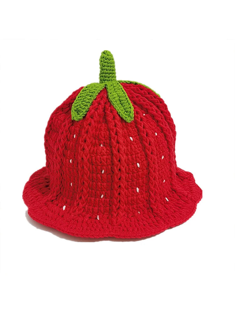 Lady'S Cartoon Red Strawberry-Shaped Fisherman'S Hat, Bohemian-Style Hand-Crocheted And Hollowed-Out Ruffled Cute Knitted Hat