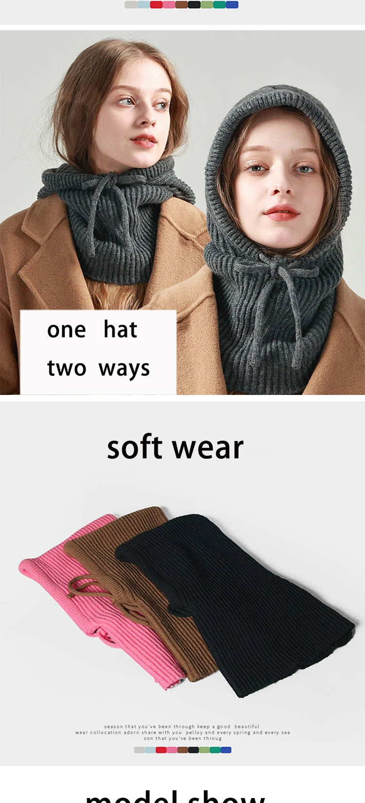 Winter Balaclava Hat for Men&Women Knitted Hooded Cap Outdoor Windproof Drawstring Hat One-Piece Neck Beanie Capofficial website