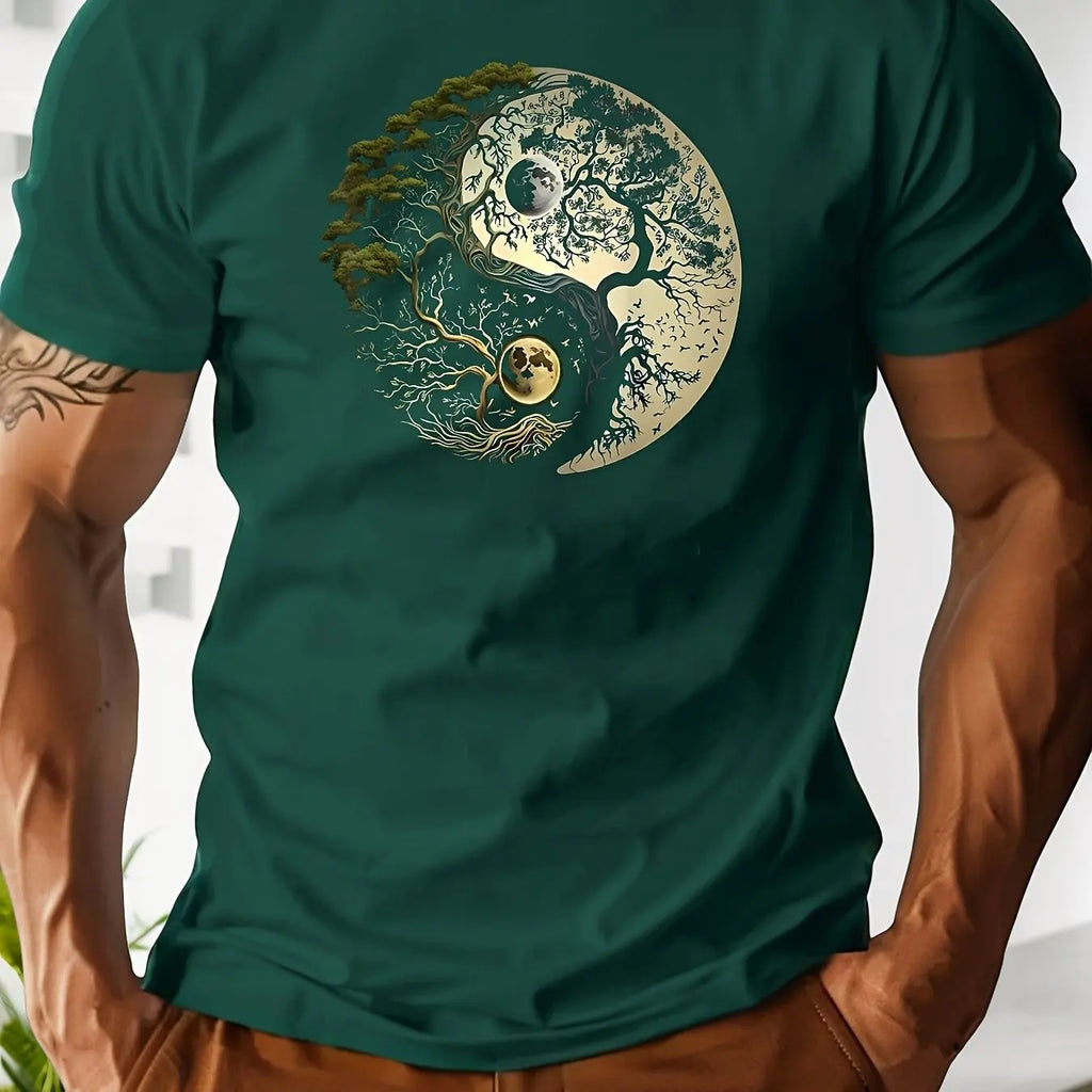 Men's summer 100% pure cotton fashionable casual loose sports yin-yang tree pattern print round neck short sleeved T-shirt top