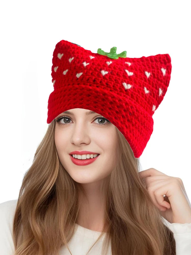 Lady'S Cartoon Red Strawberry-Shaped Fisherman'S Hat, Bohemian-Style Hand-Crocheted And Hollowed-Out Ruffled Cute Knitted Hat