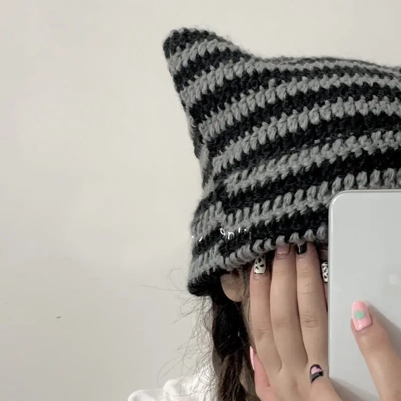 Cute Cat Ears Beanie Hats for Women Winter Striped Korean Punk Gothic Y2K Wool Knitted Streetwear Handmade Crochet Bucket Cap