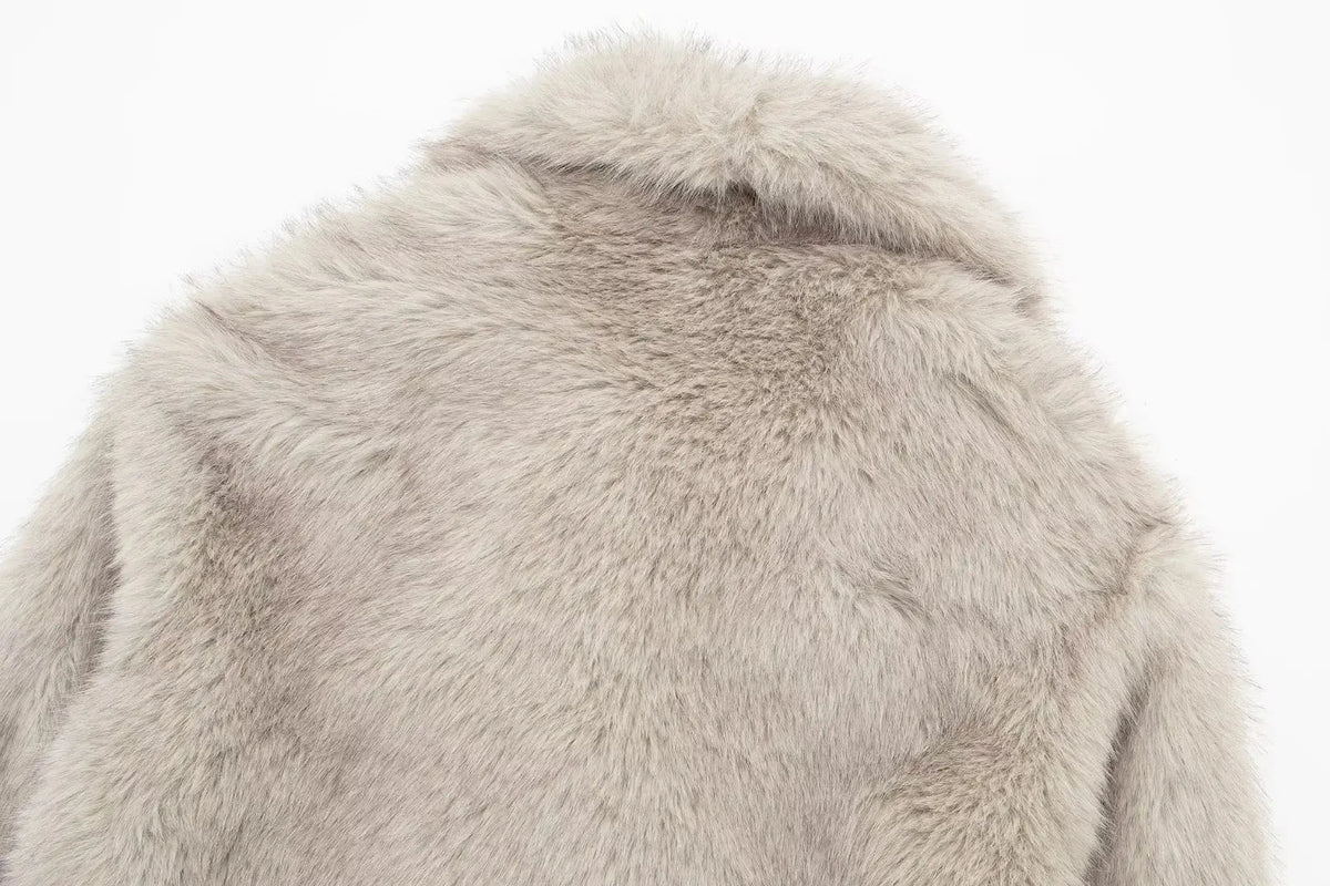 HH Women Fashion Cropped Faux Fur Jacket Coat Long Sleeve Front Snap-button Female Outerwear Chic Lapel Collar Thick Coat