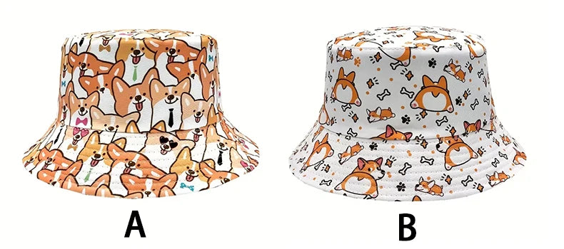 Bocca Cartoon Dog Bucket Hat Corgi Puppy Printing Fisherman Hats Double Sides Panama Cap Adult 58cm Caps Outdoor Travel Summer