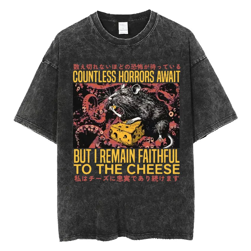 The Horrors Are Never Ending Yet I Remain Silly T-shirt Funny Japanese Style Frog Retro Washed T Shirt Men's Oversized Tees Tops