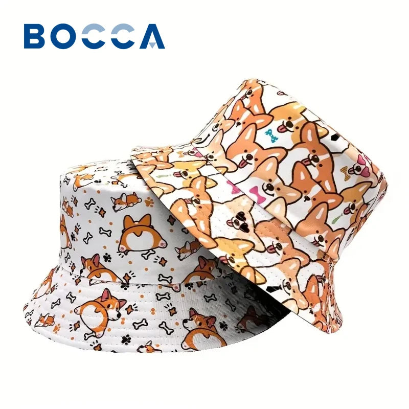 Bocca Cartoon Dog Bucket Hat Corgi Puppy Printing Fisherman Hats Double Sides Panama Cap Adult 58cm Caps Outdoor Travel Summer