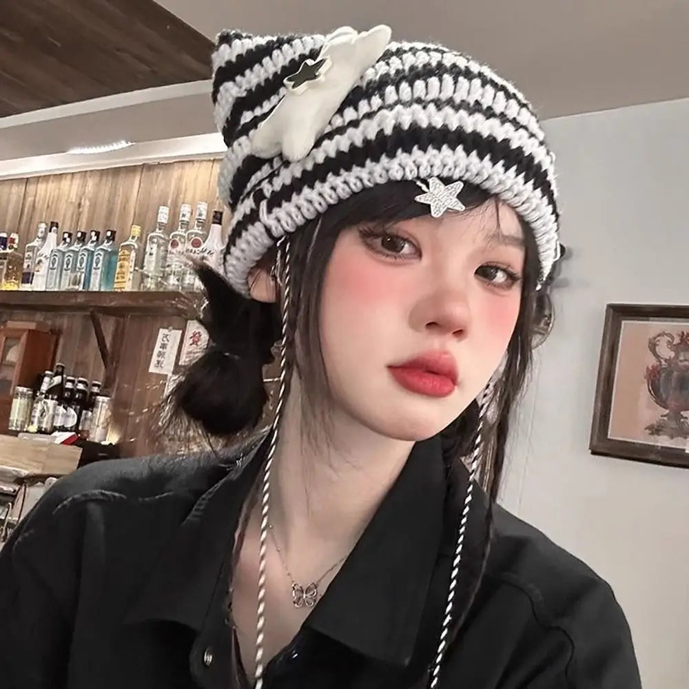Y2K Beanie Hat Women Ins Devil Ear Striped Knitted Wool Cap Autumn Winter Hip-hop Crochet Cute Cat Ears Pointed Pullover Hats
