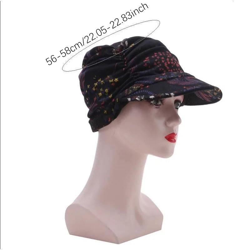 New Autumn Women Peaked Cap Short Brim Warm Foldable Earflap Women Cap Ethnic Style Floral Print Winter Hat Daily Clothing