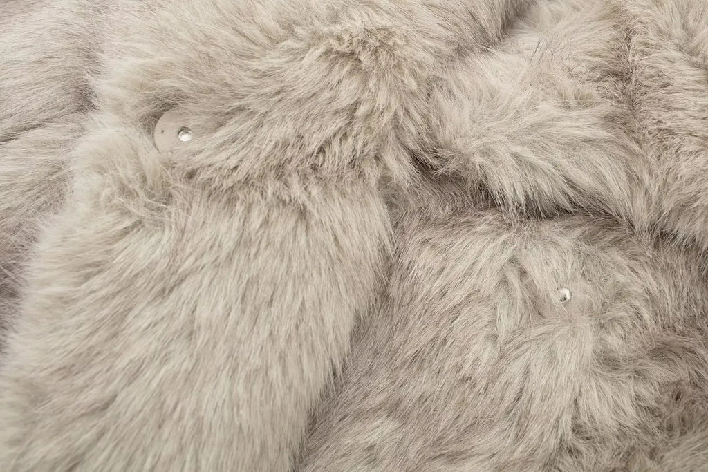 HH Women Fashion Cropped Faux Fur Jacket Coat Long Sleeve Front Snap-button Female Outerwear Chic Lapel Collar Thick Coat